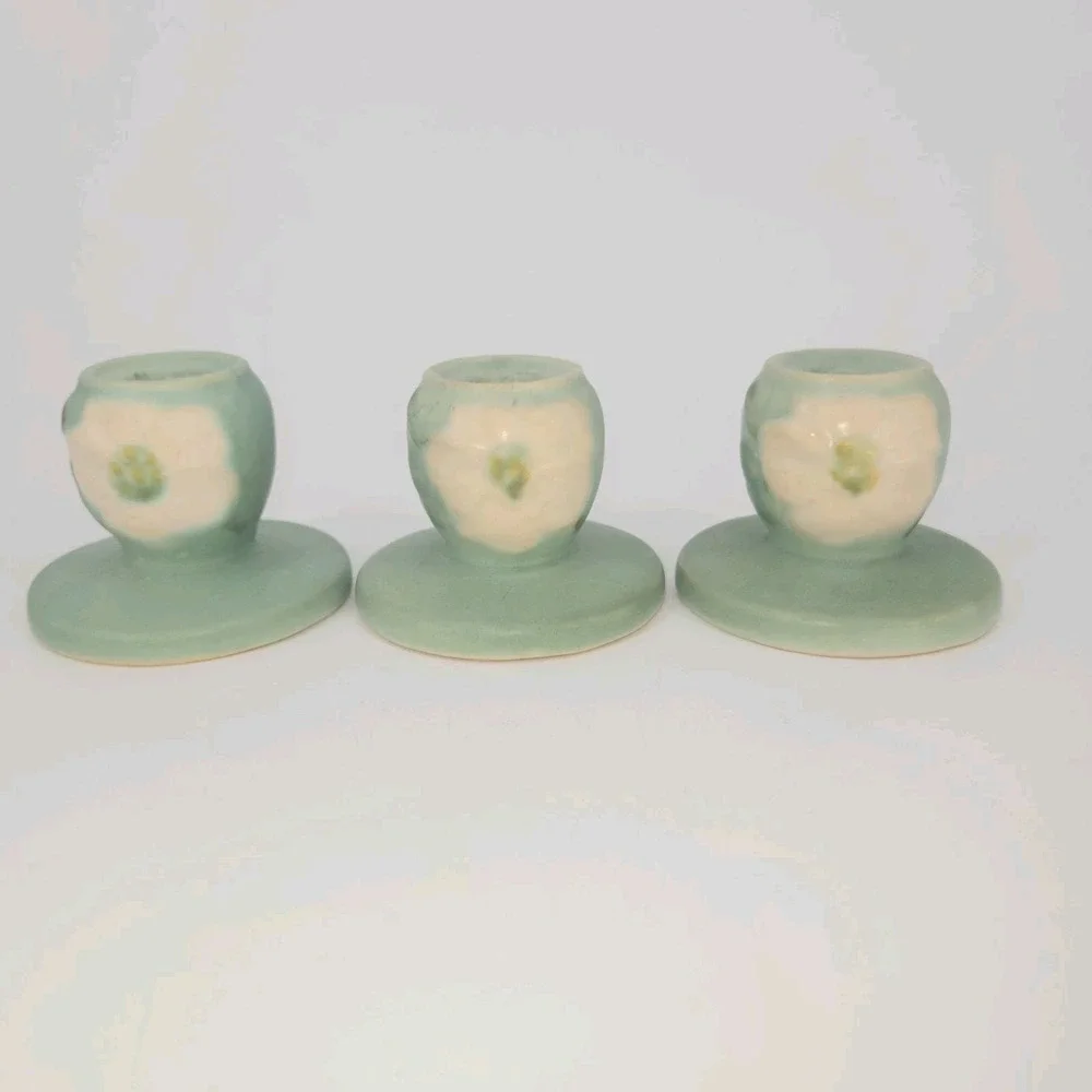 Weller Pottery Wild Rose Green Candle Holders Set of 3 1930s USA Vintage Cottage